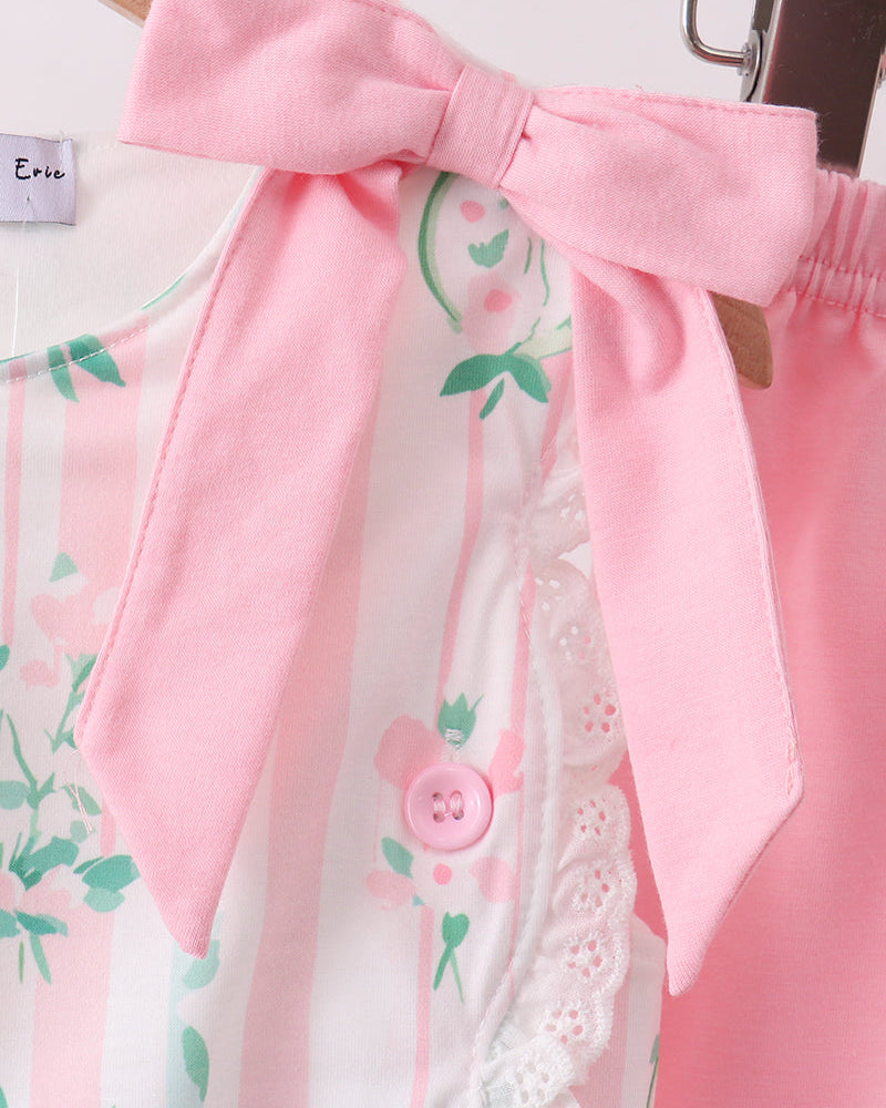 Pink Floral Print Bow Ruffle Shorts Set