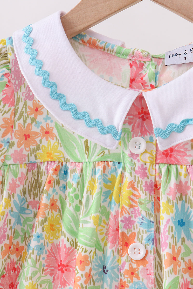 Pink Floral Print Puff Sleeve Ruffle Dress