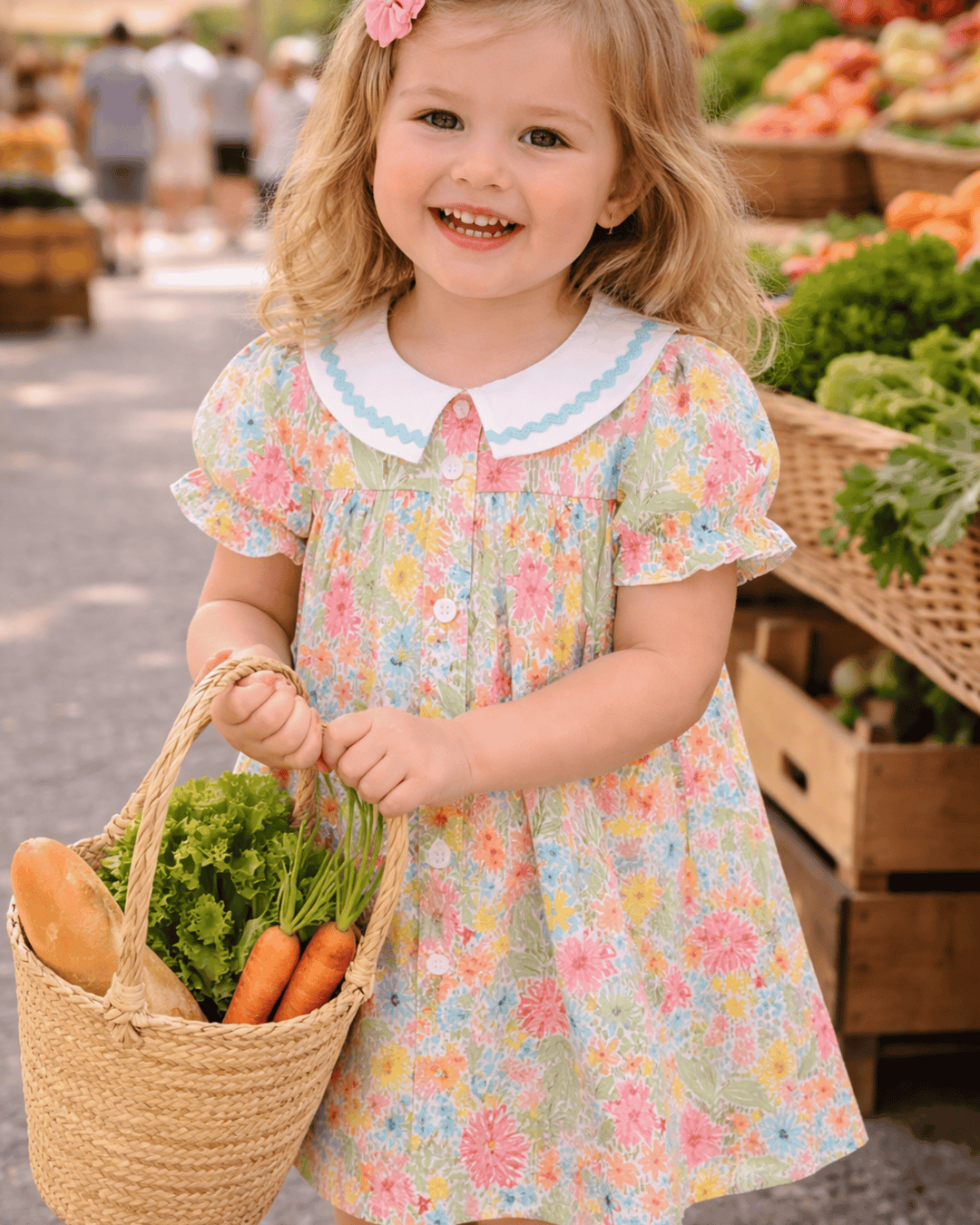 Girl with basket at market.