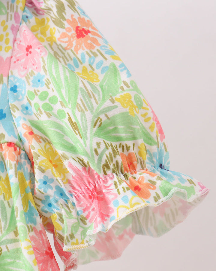 Pink Floral Print Puff Sleeve Ruffle Dress