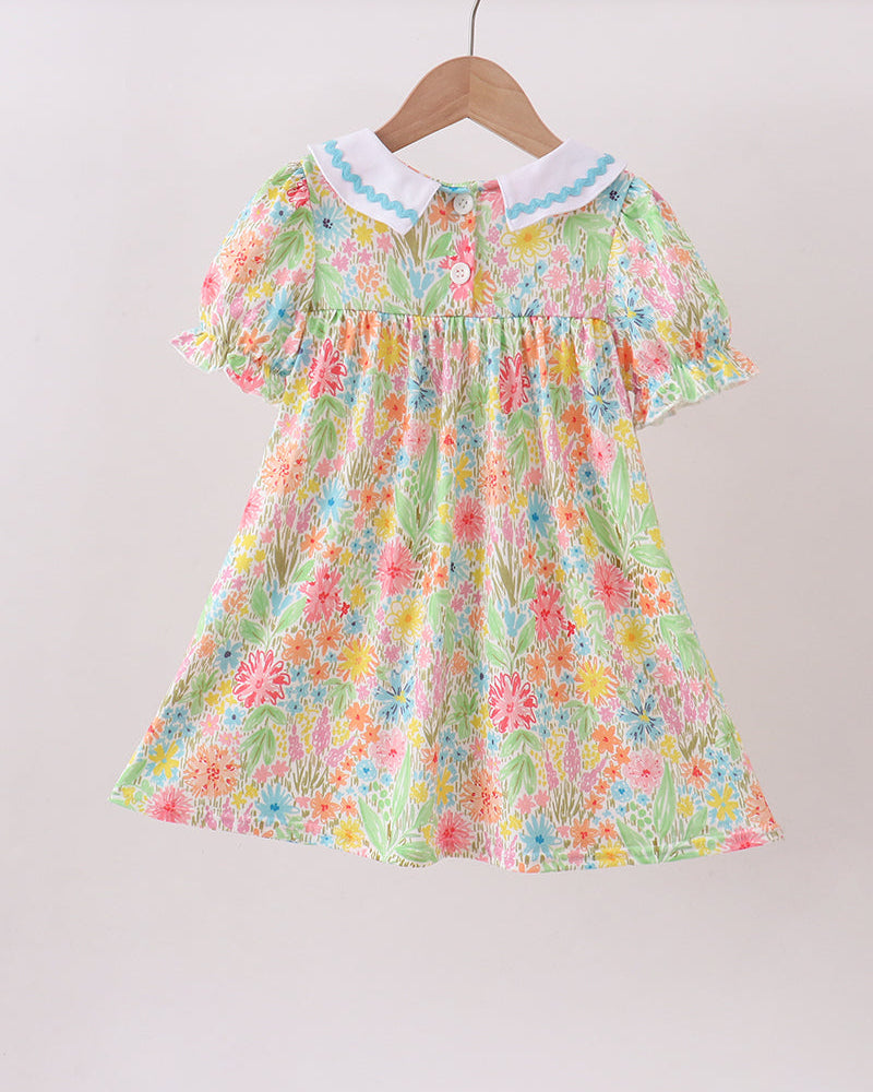 Pink Floral Print Puff Sleeve Ruffle Dress