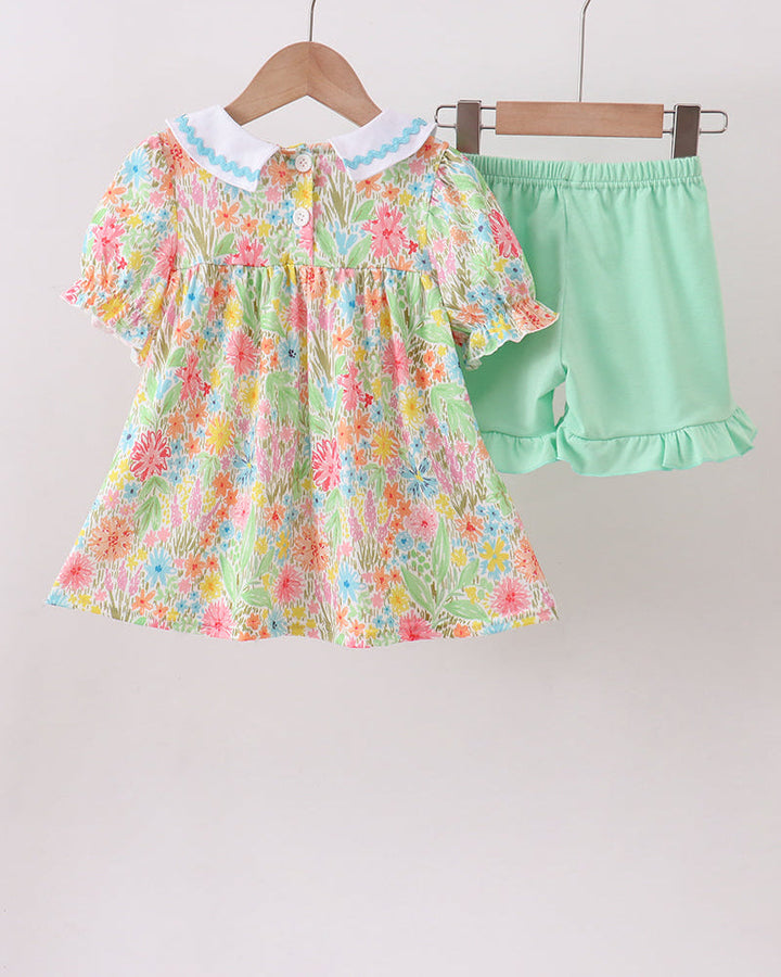 Pink Floral Print Puff Sleeve Ruffle Shorts Set