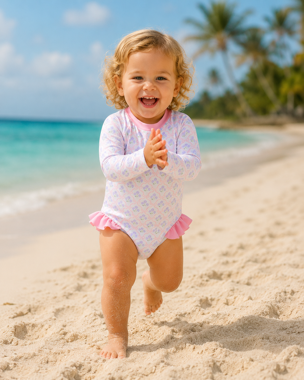Child in a pink and white swimsuit running on a sandy beach with palm trees in the background.
