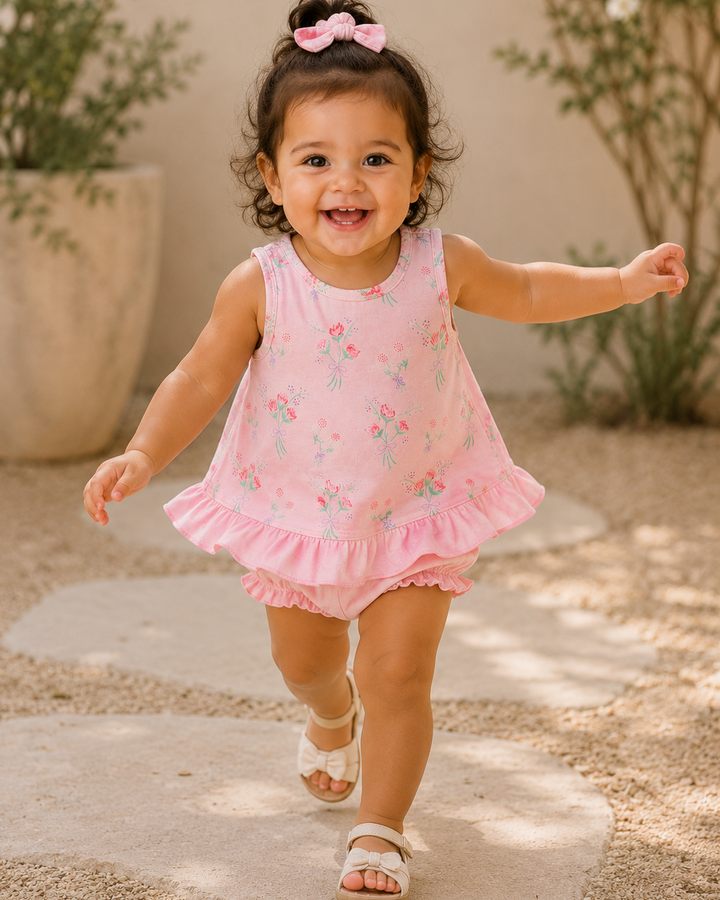 Child in a pink dress walking outdoors with plants in the background