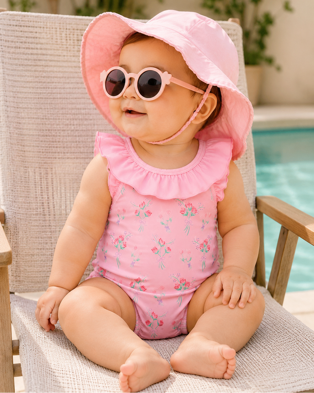 Baby in a pink swimsuit and sun hat sitting by a pool.