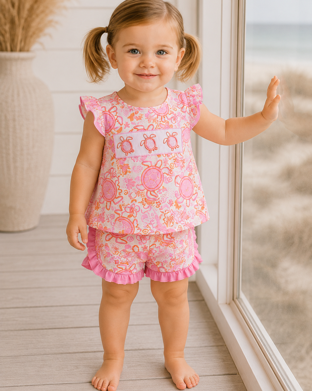 Young girl in a pink floral outfit standing by a window with a view of water.