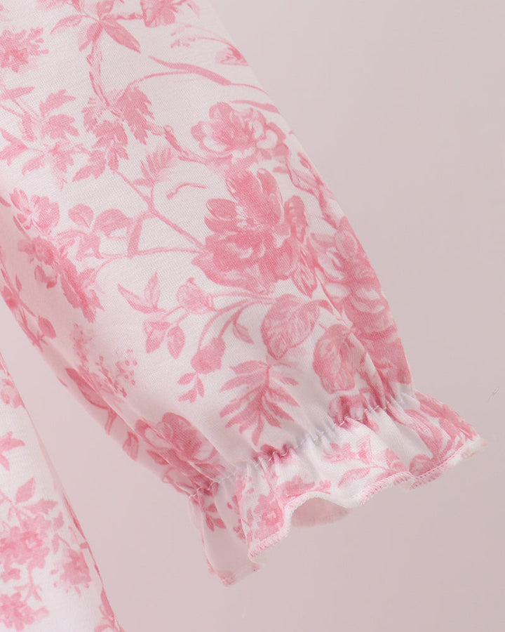 Pink floral long sleeve with flutter cuff detail and lightweight gathered sleeve