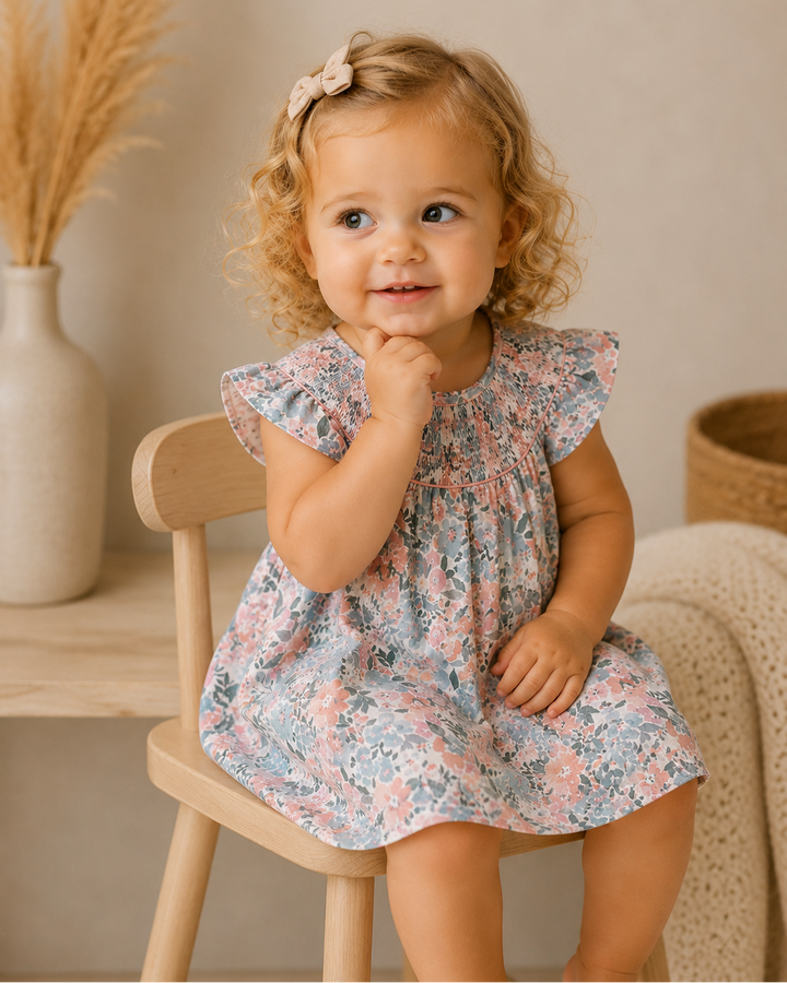 Young child in a floral dress sitting on a wooden chair with a neutral background