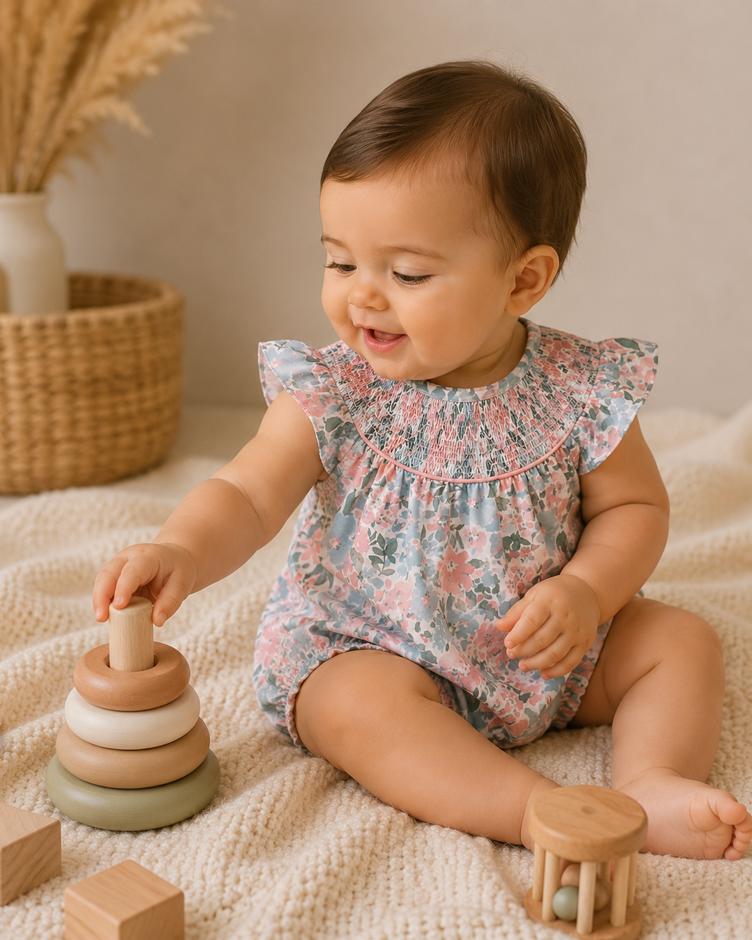 Baby playing with wooden toys on a beige blanket