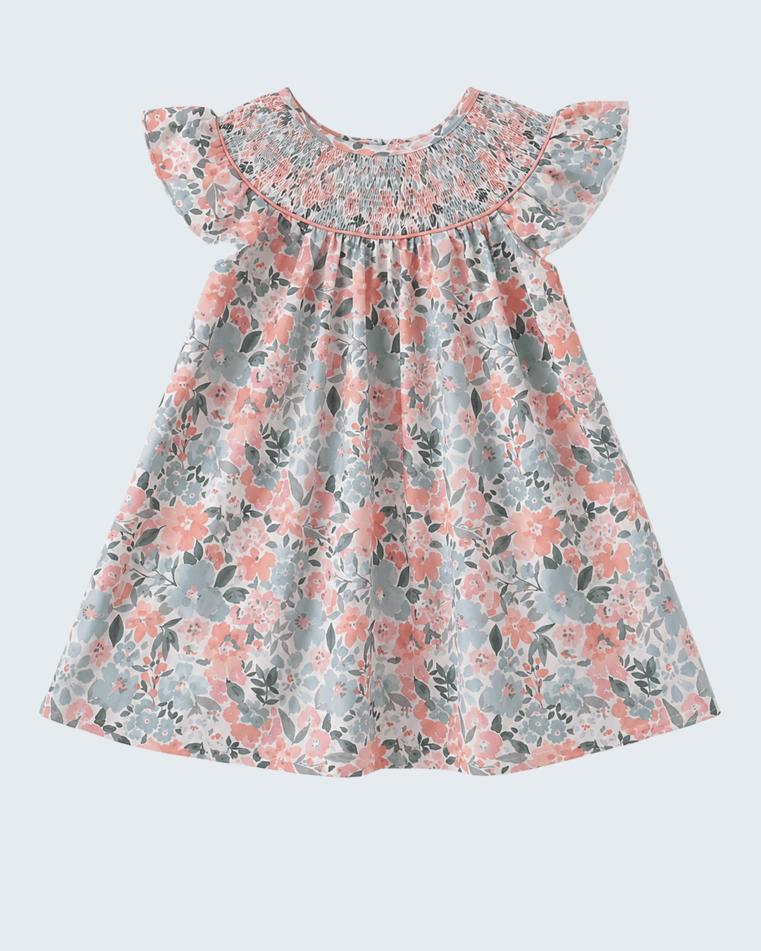 Floral dress with ruffled sleeves on a light gray background