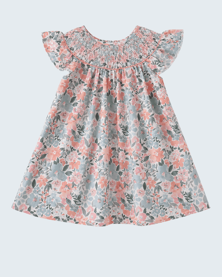 Floral dress with ruffled sleeves on a light gray background
