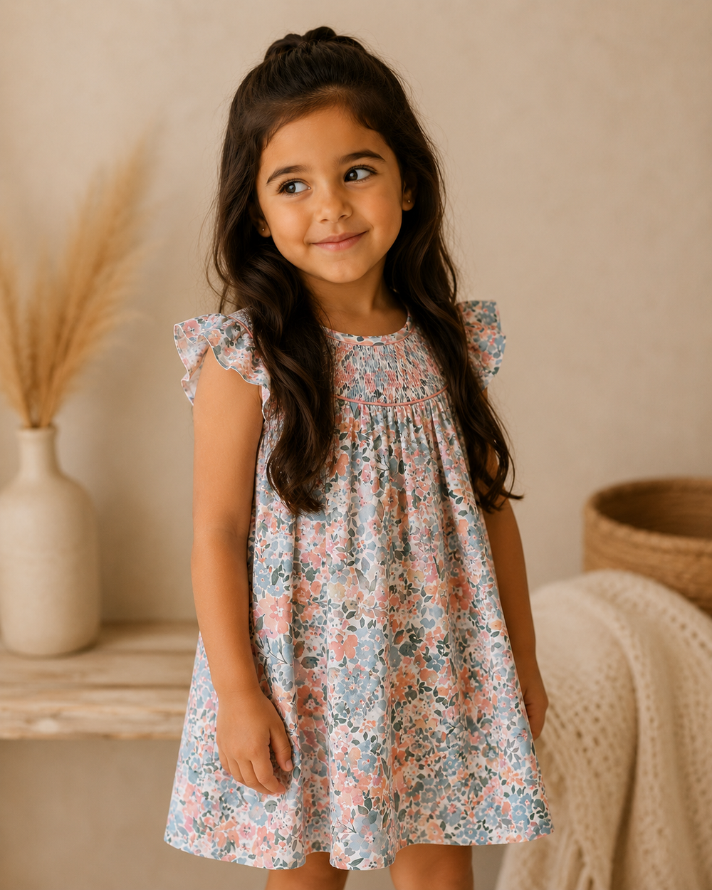 Young girl wearing a floral dress standing in a warm-toned room.