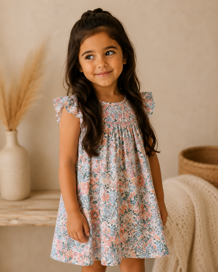 Young girl wearing a floral dress standing in a warm-toned room.