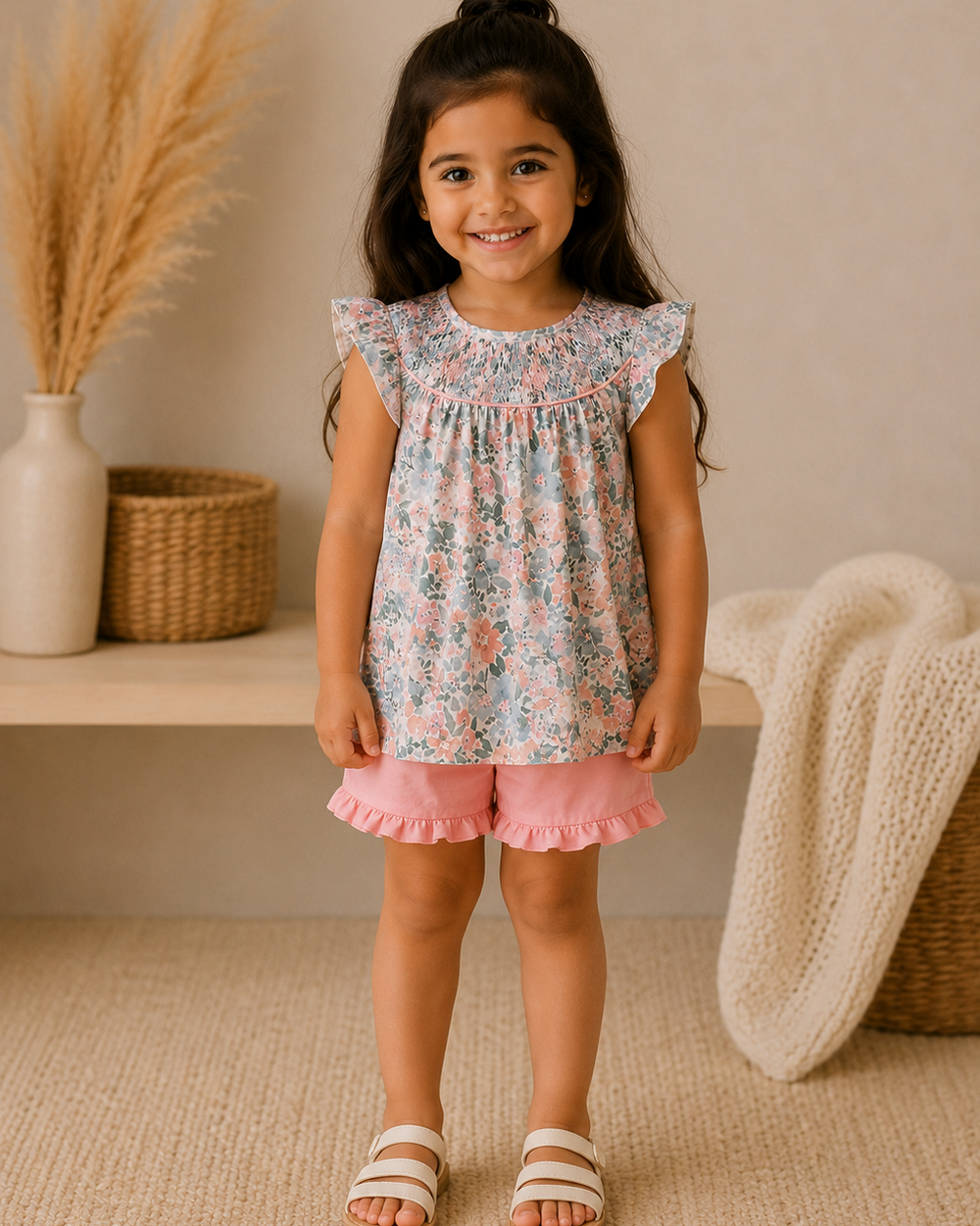 Young girl standing inside.