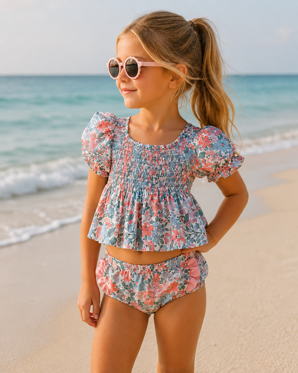 Young girl in a floral swimsuit and sunglasses standing on a beach.