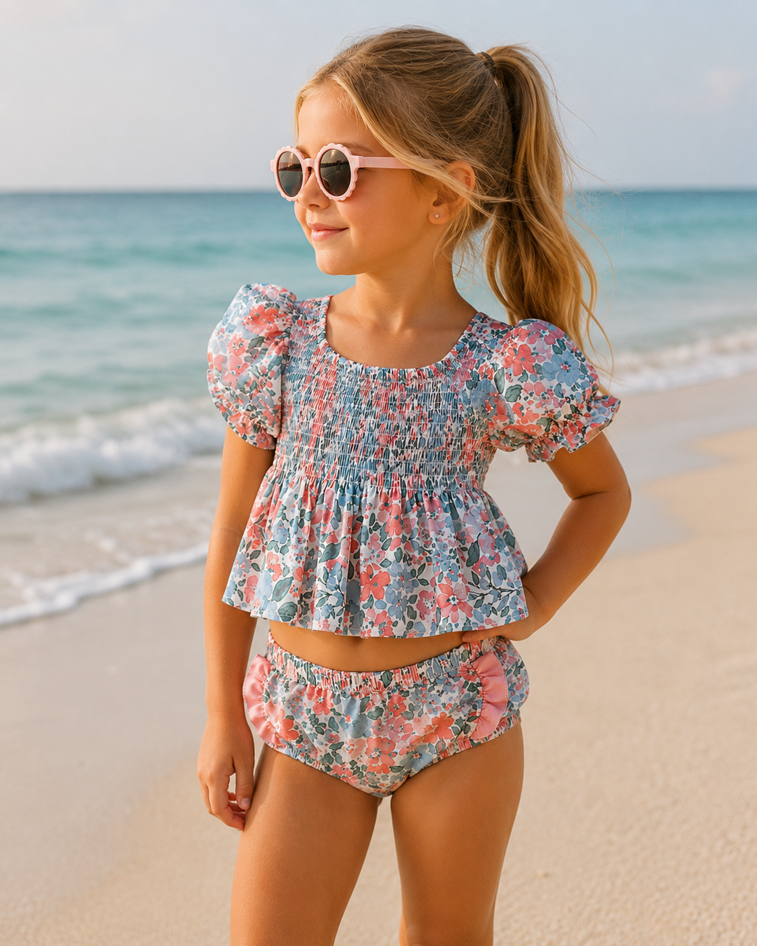 Young girl in a floral swimsuit and sunglasses standing on a beach.