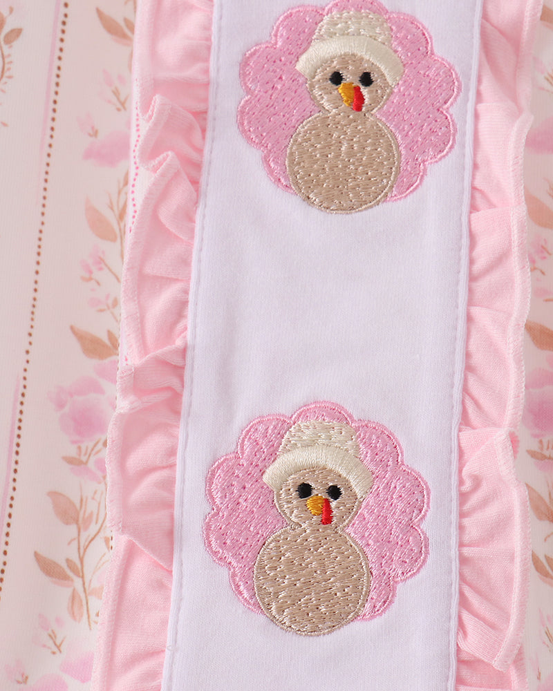 Pink bubble romper with embroidered turkey applique on front panel and scalloped ruffle trim