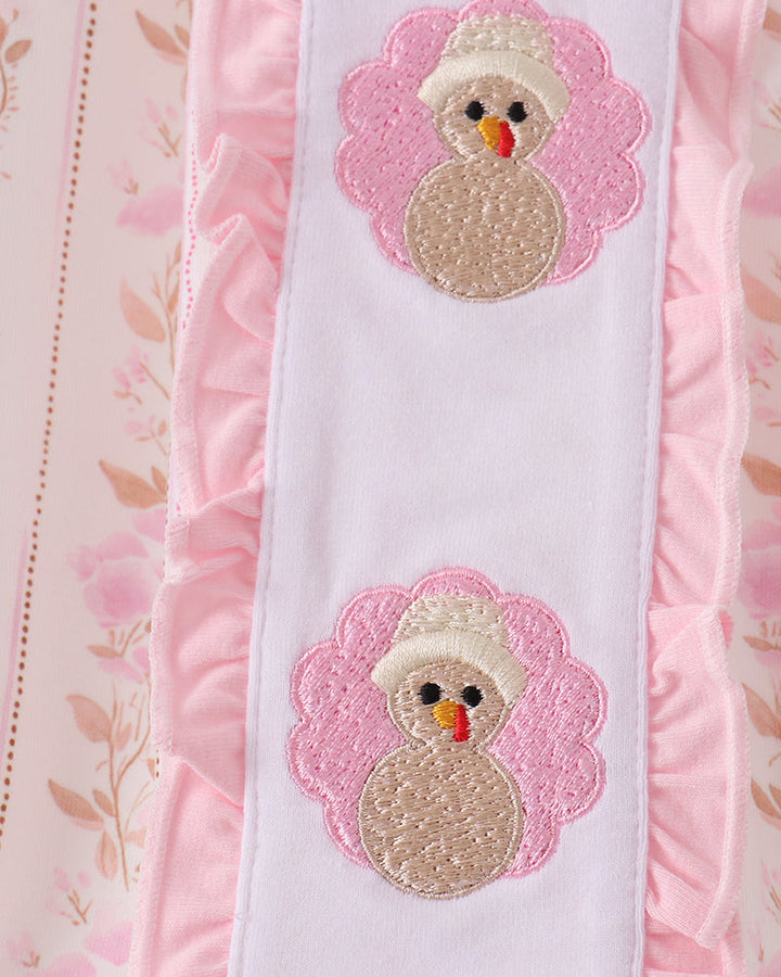 Pink bubble romper with embroidered turkey applique on front panel and scalloped ruffle trim