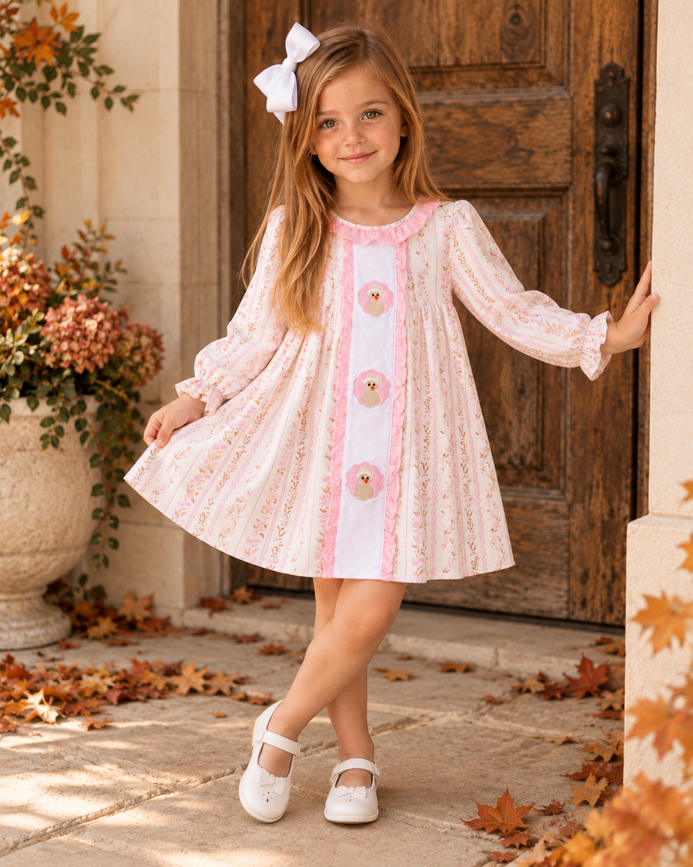 Pink floral ruffle dress on a child, long sleeves with gathered skirt