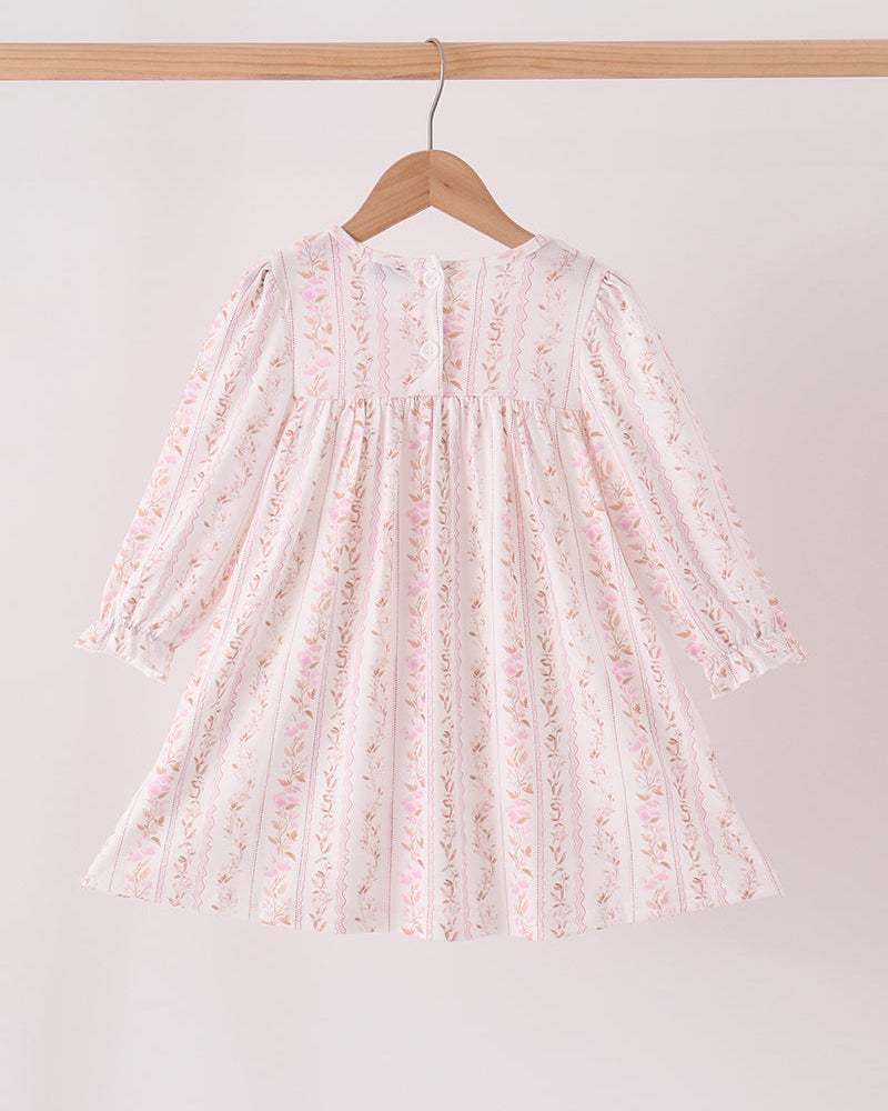Pink floral ruffle baby dress with long sleeves and gathered skirt