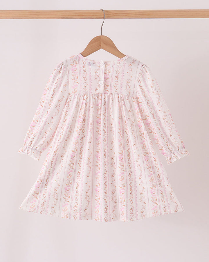 Pink floral ruffle baby dress with long sleeves and gathered skirt