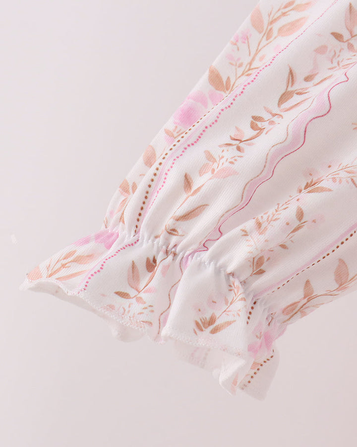 Pink floral ruffle sleeve with gathered cuff and embroidered wavy trim
