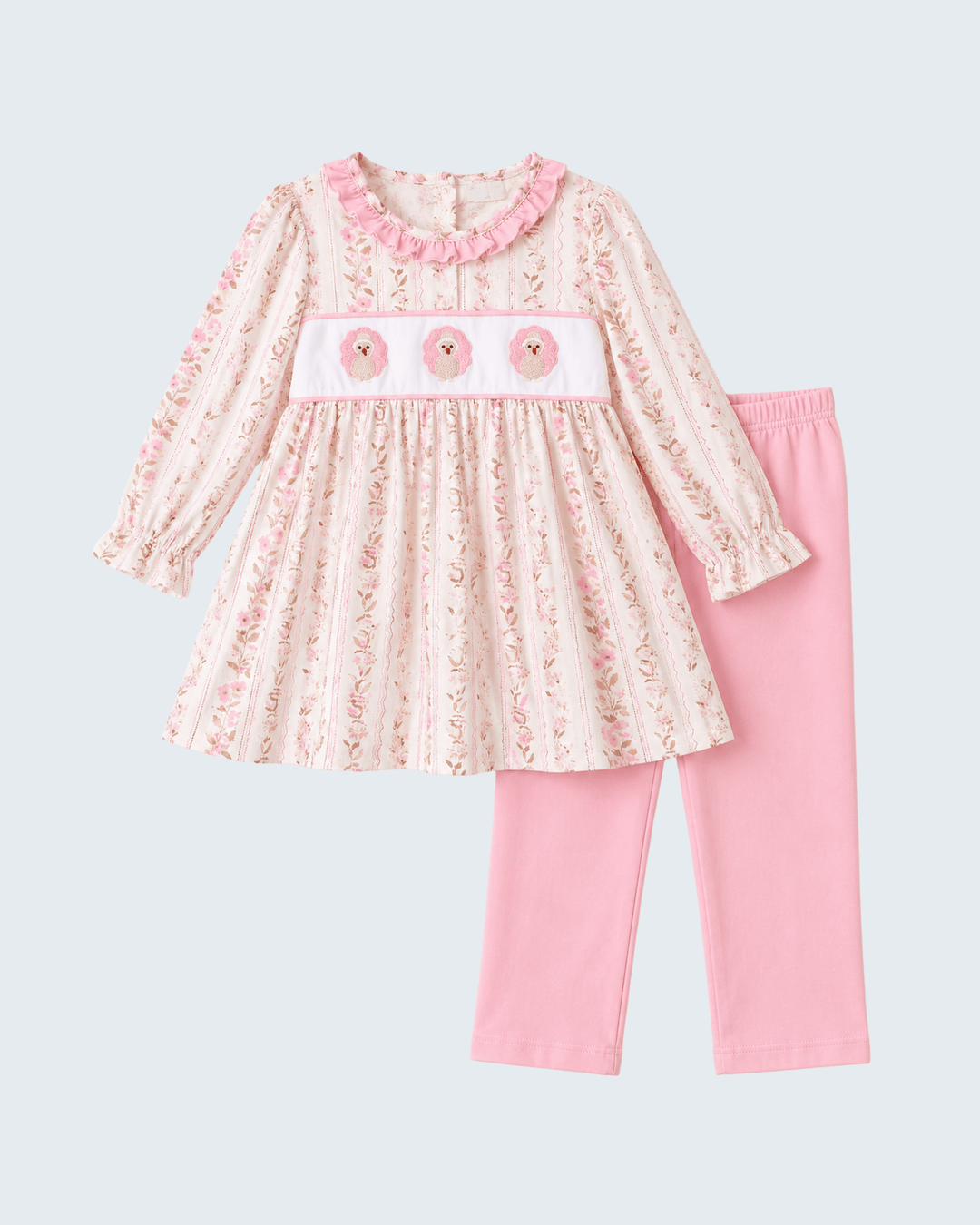 Pink floral ruffle tunic with buttonless neckline and matching pink pants set