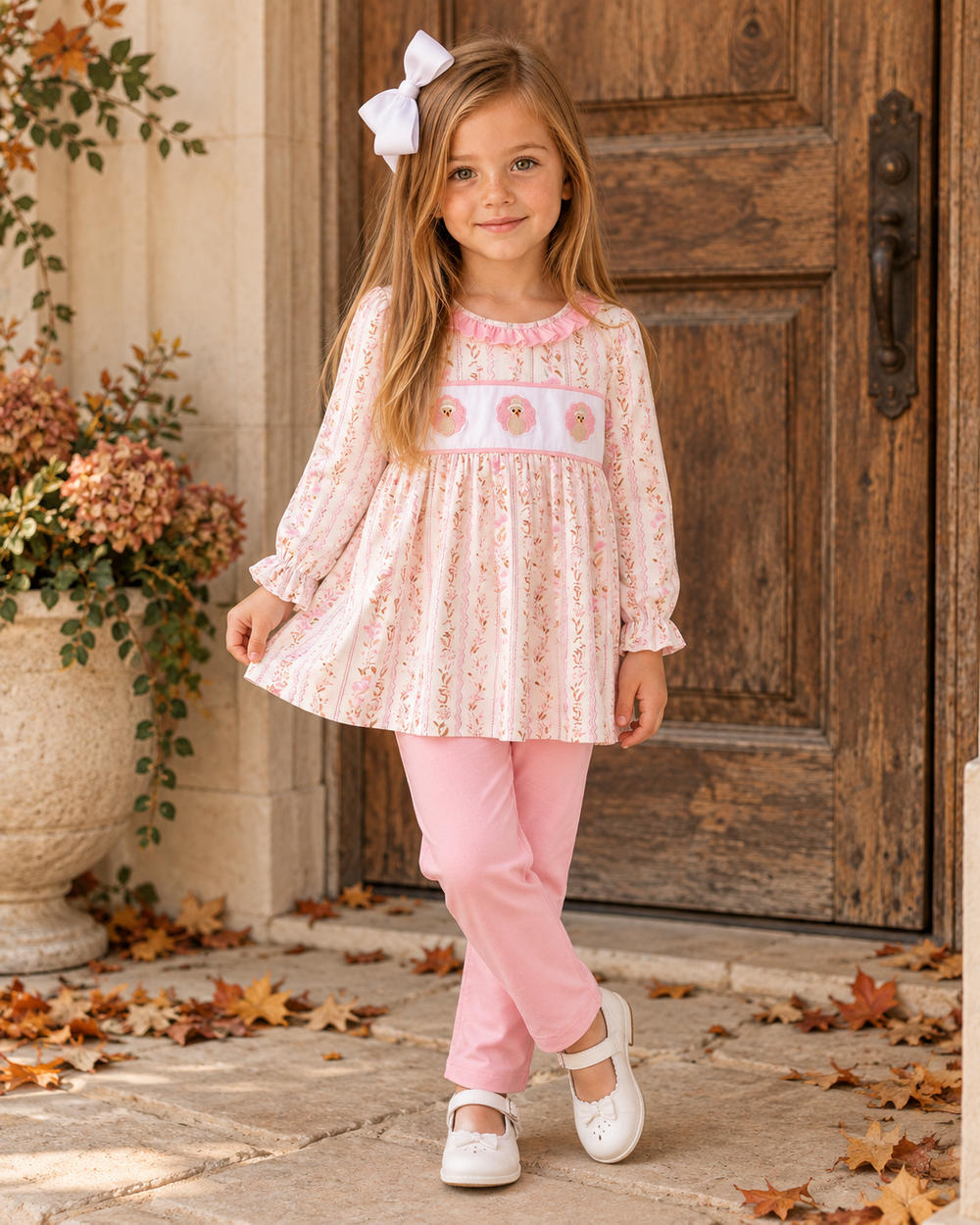 Girls pink floral ruffle tunic and matching pink pants outfit