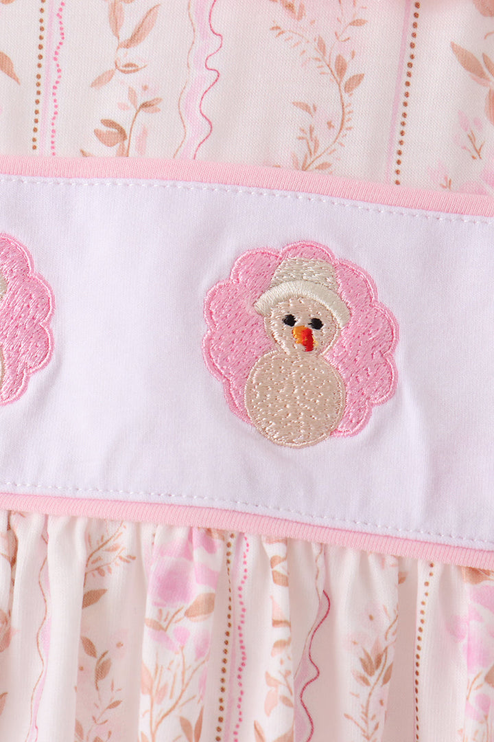 Ruffled embroidered top with pink bird applique and scalloped trim