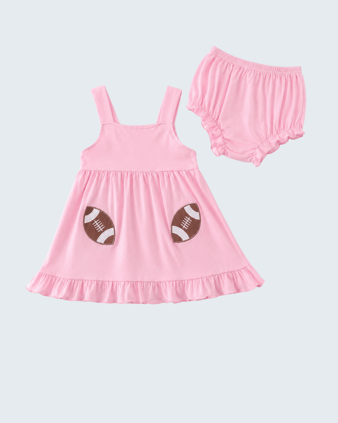 Pink sleeveless football applique dress with matching gathered bloomer shorts