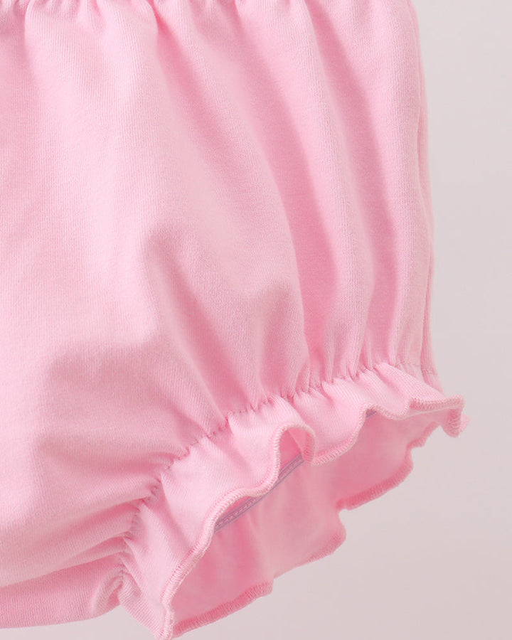 Pink fabric bloomer with ruffled elastic hem, soft pink