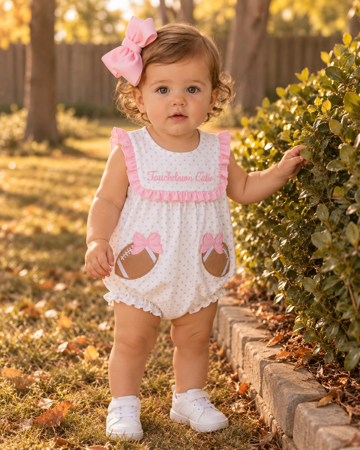 Pink football applique ruffle bubble in white polka dot fabric with pink trim