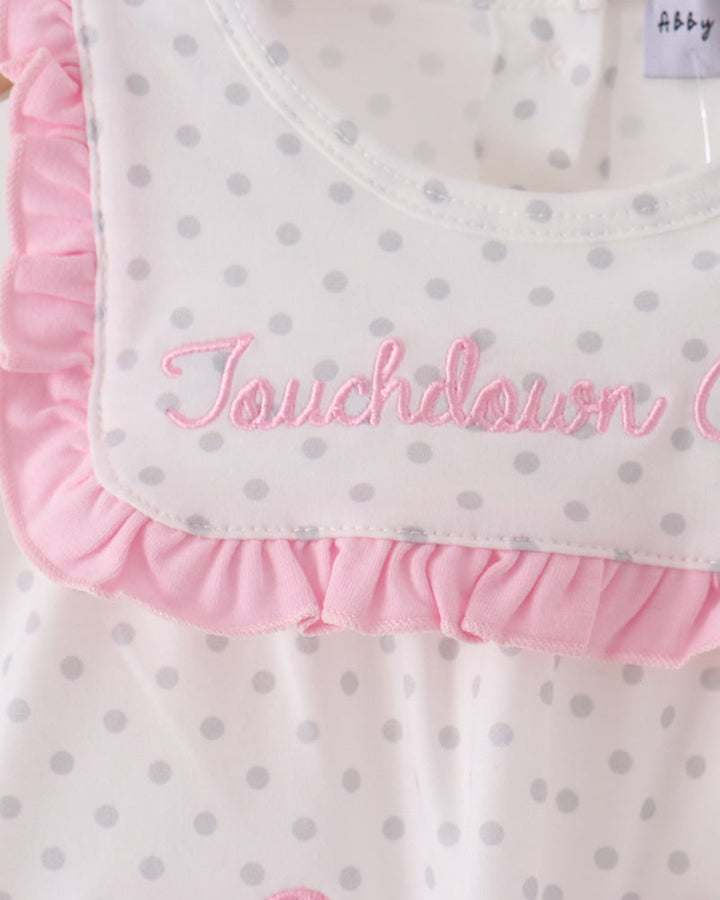 Pink polka dot ruffle bubble with embroidered Touchdown and pink trim