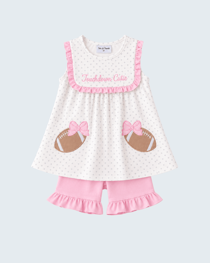 Polka-dot dress and pink ruffle shorts set with football applique and &