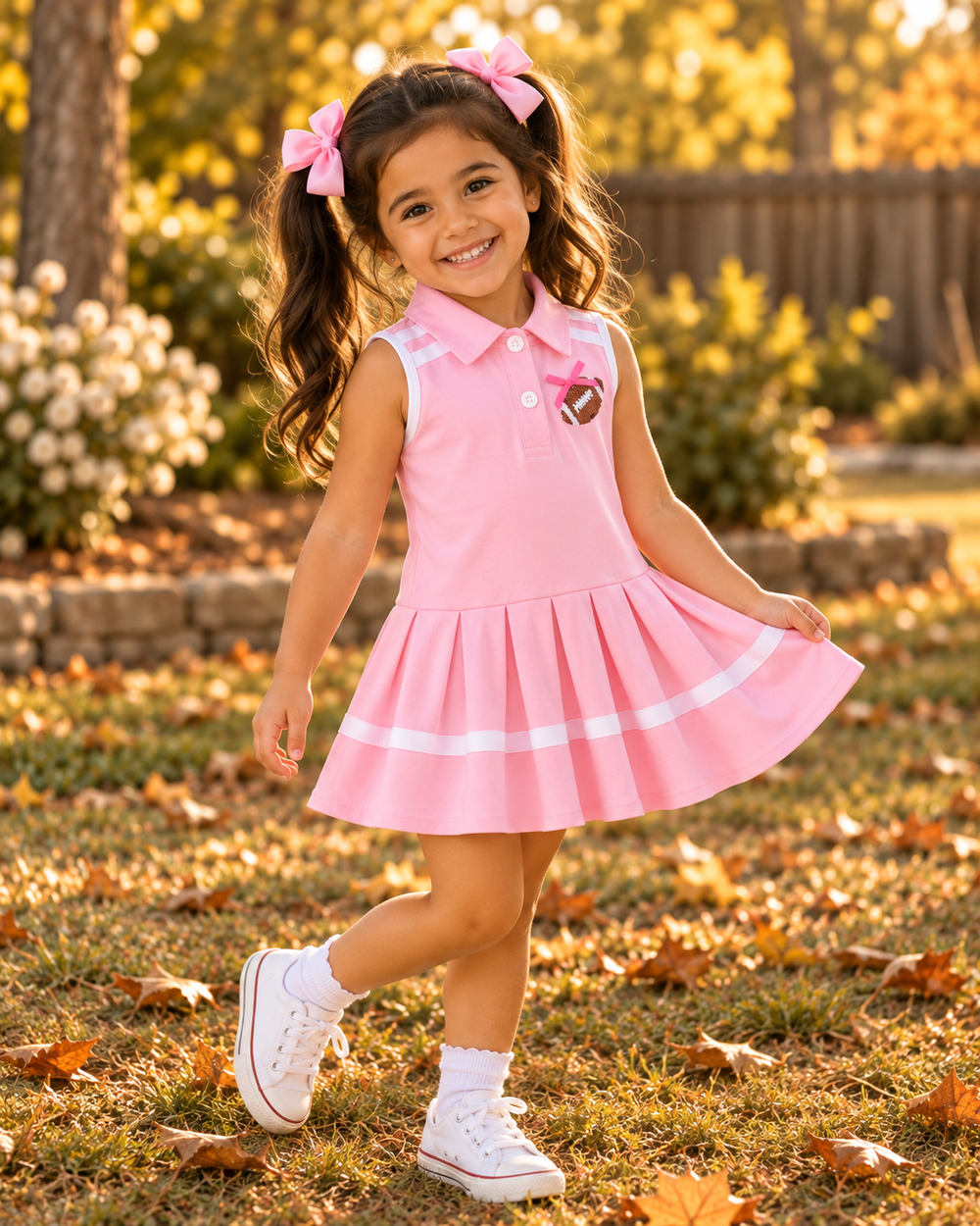 Pink sleeveless pleated dress on child with bow collar and football patch