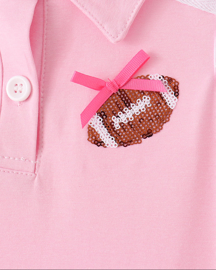 Pink sequin football applique with bow on sleeveless pleated dress