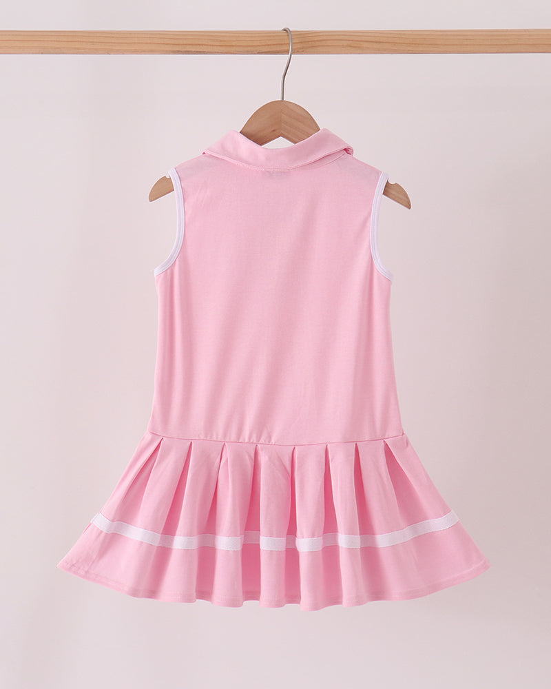 Pink sleeveless football-themed dress with pleated striped skirt