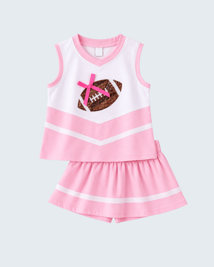 Pink striped sleeveless skort set with sequin football patch and pink bow accent