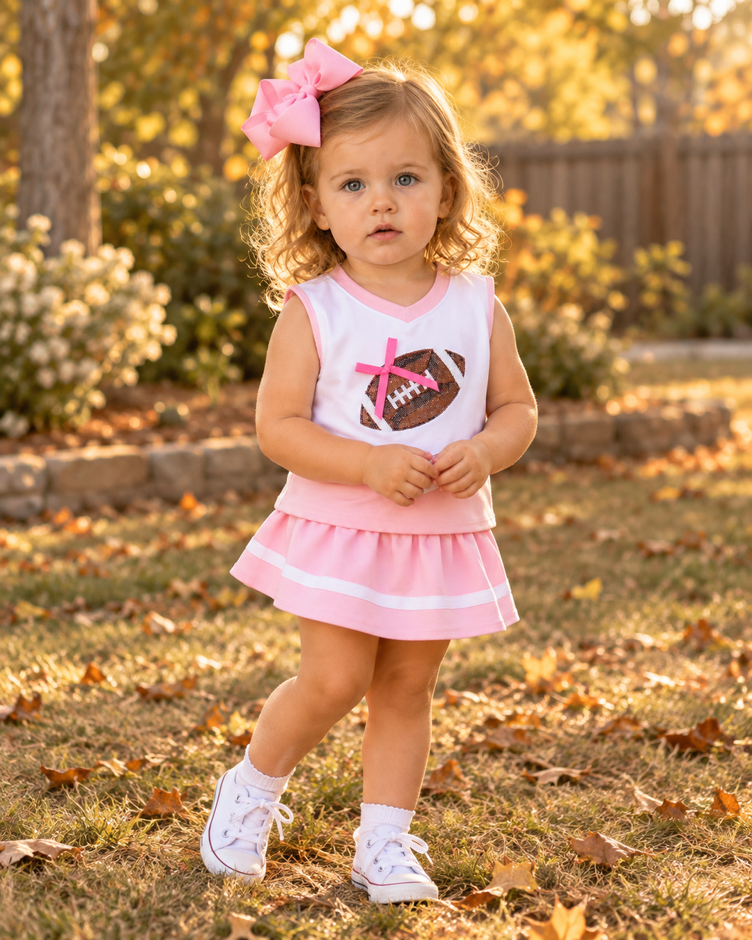 Child wearing pink striped sleeveless skort set with sequin football heart and bow