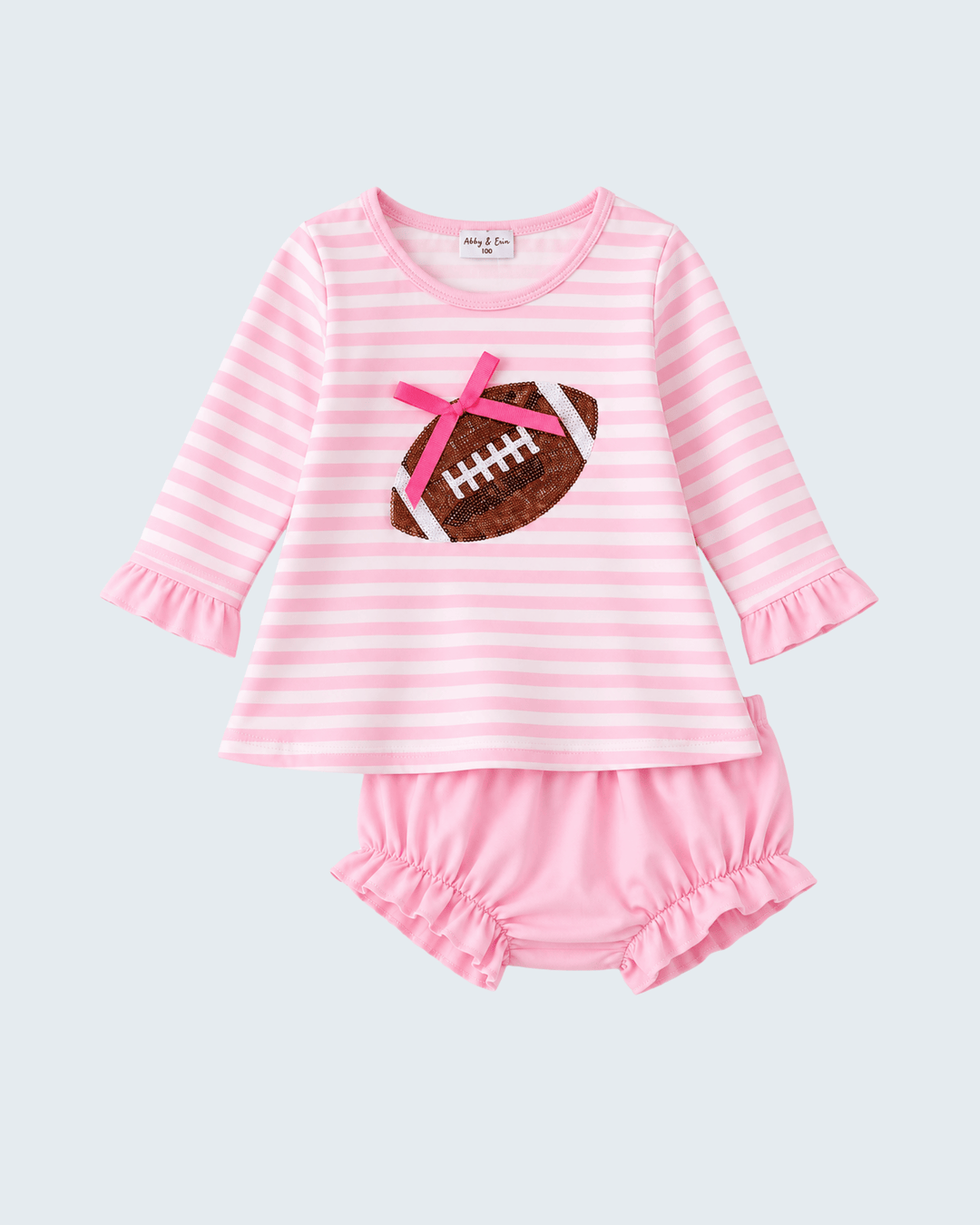 Pink and white striped top with football applique and bow; matching pink shorts