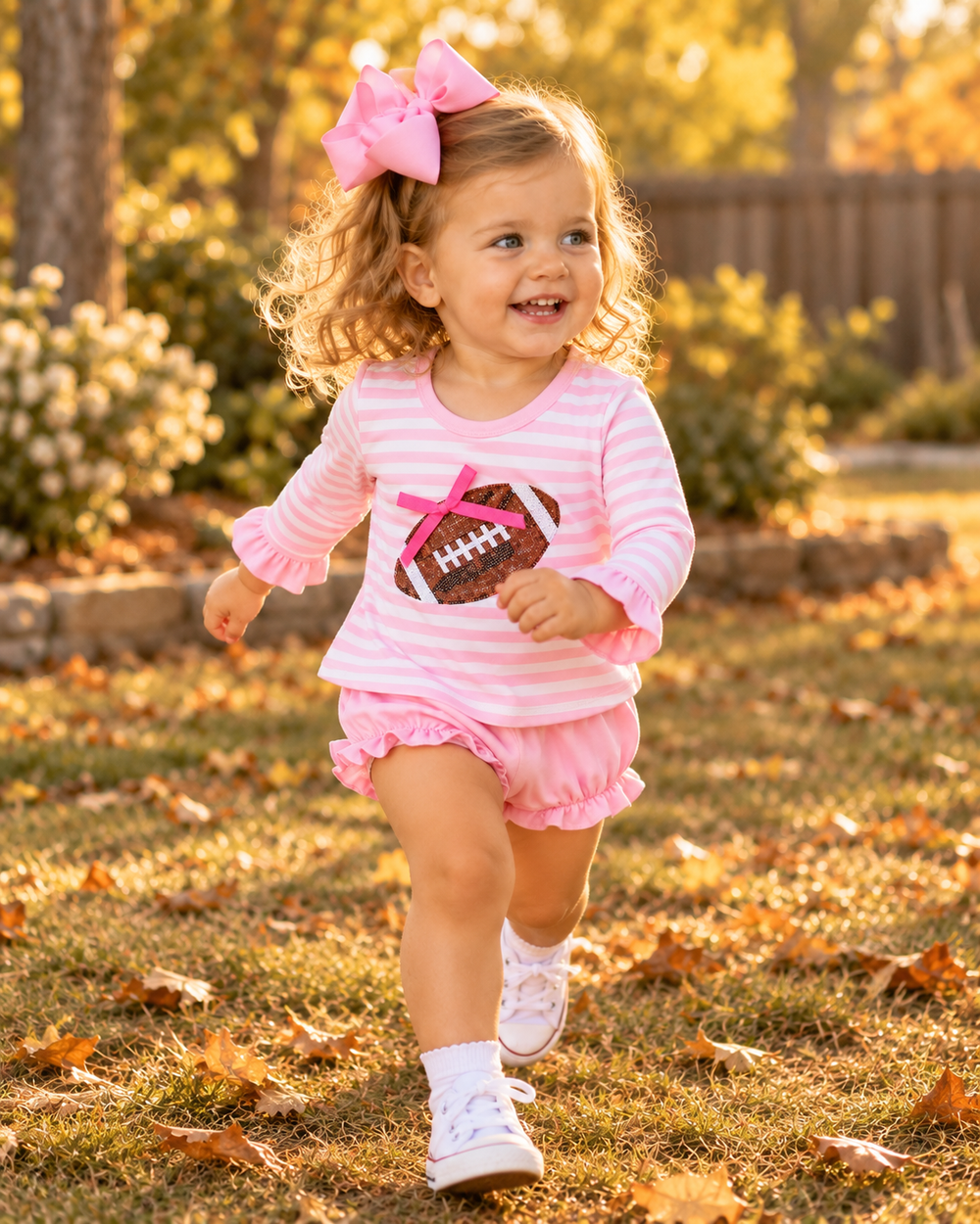 Child wearing pink and white striped football bloomer set with bow applique