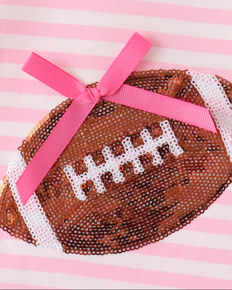 Pink sequin football motif with pink bow on striped bloomer set