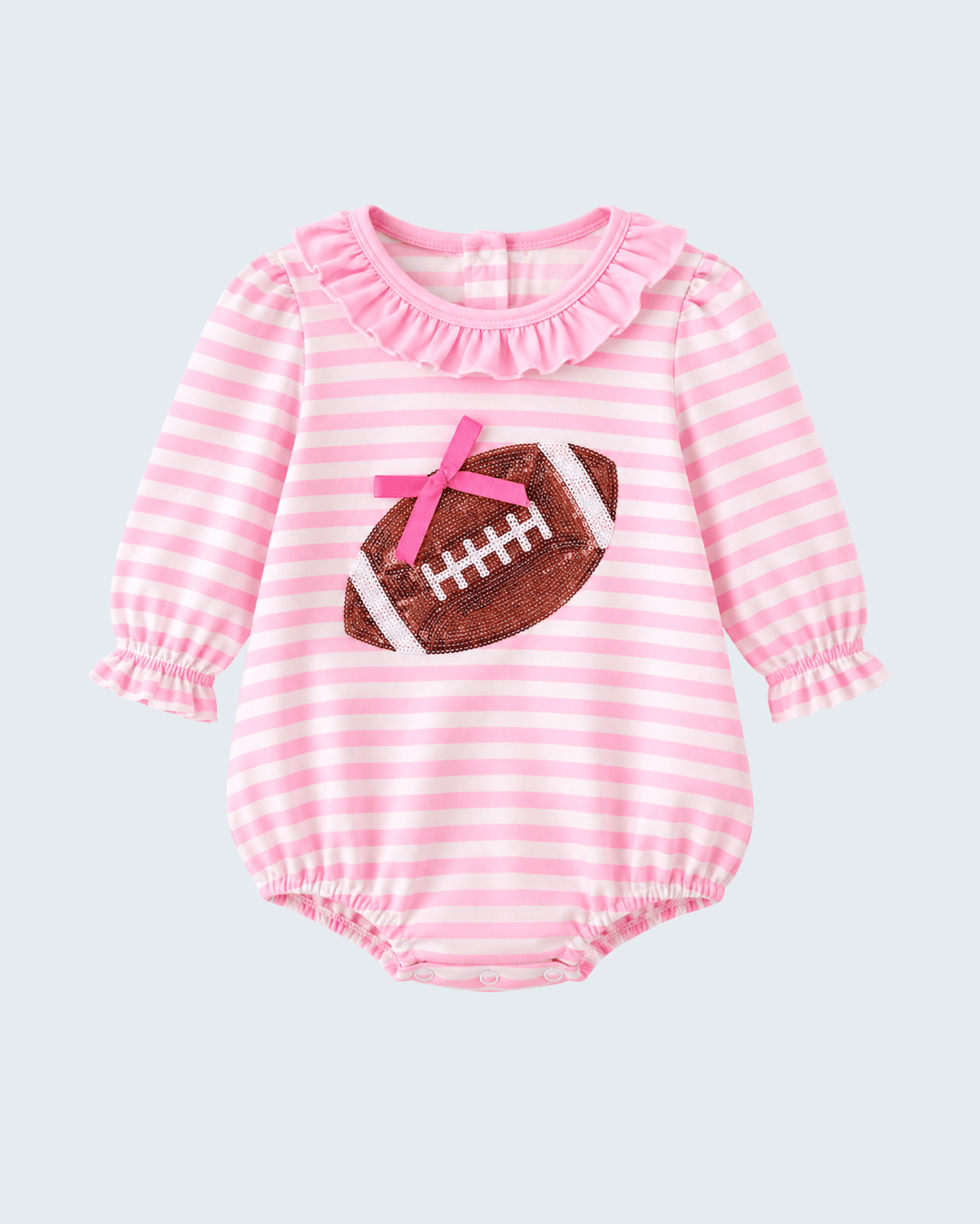 Pink striped baby romper with long sleeves and football sequin applique