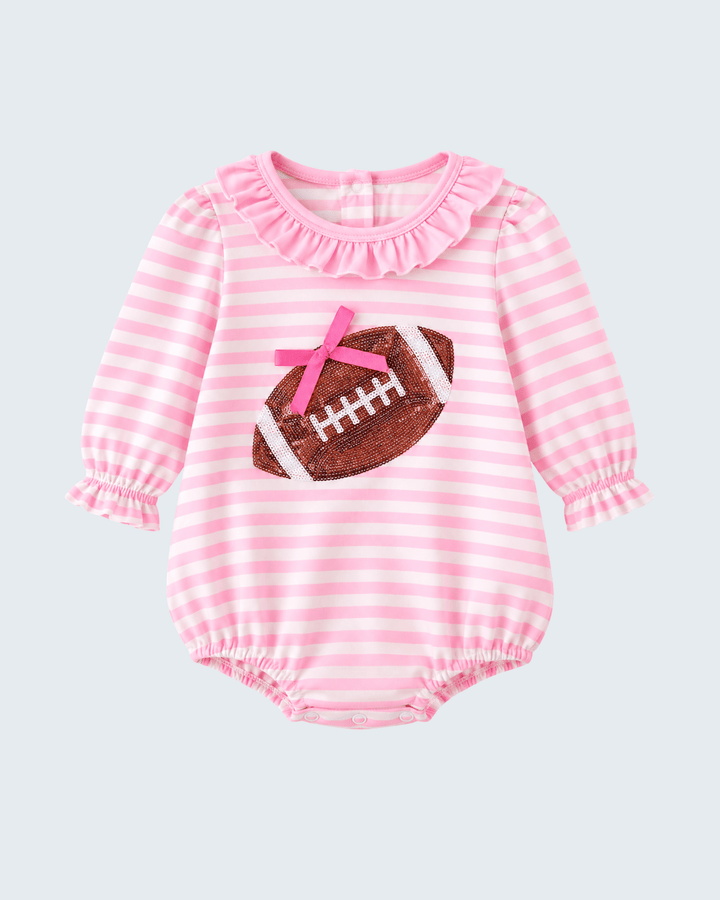 Pink striped baby romper with long sleeves and football sequin applique