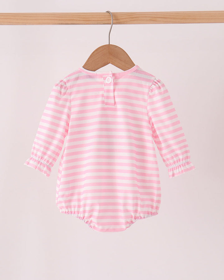 Pink striped long-sleeve baby romper with center back button placket and ruffle hem