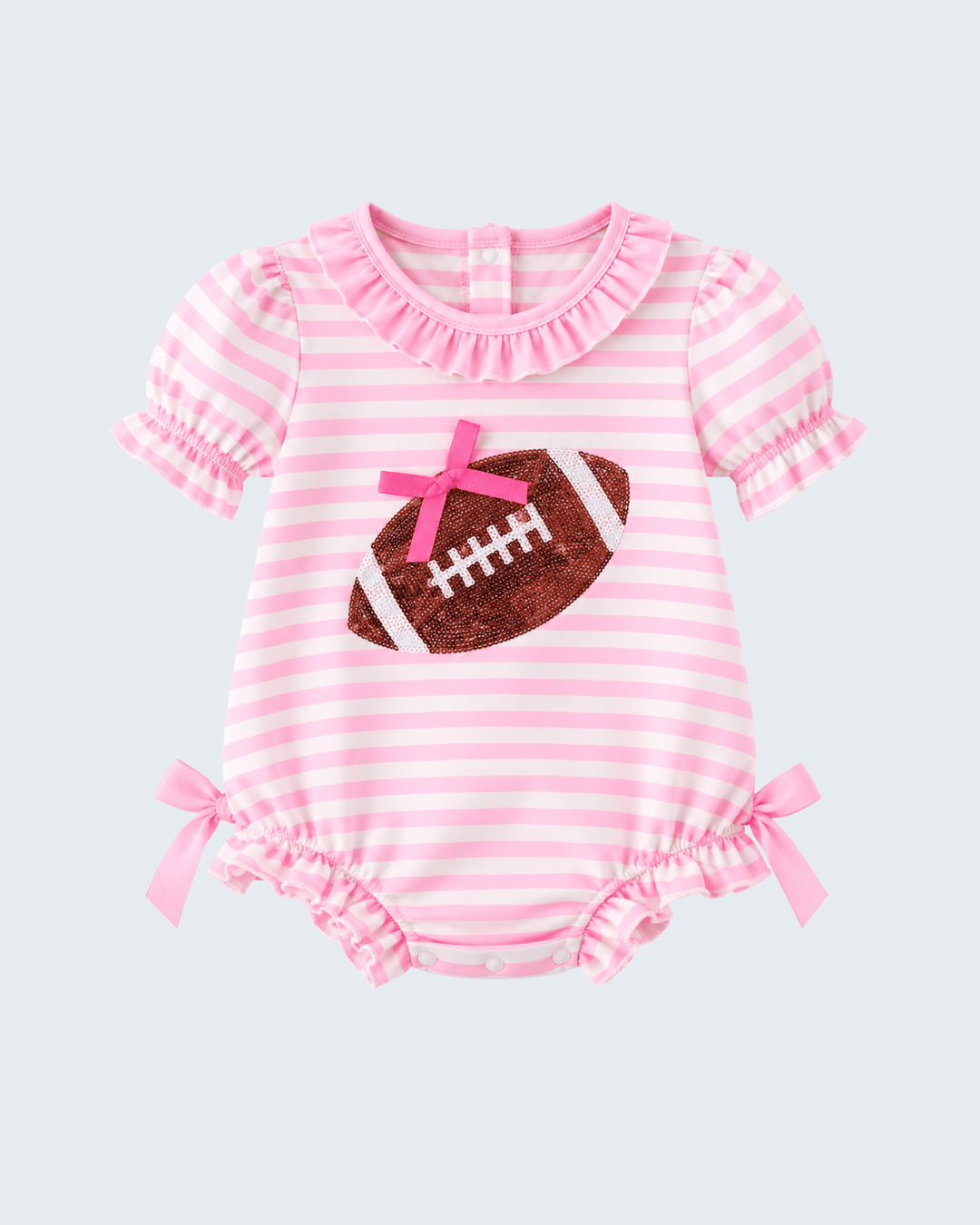Pink and white striped baby romper with football sequin applique, pink bows, snap legs