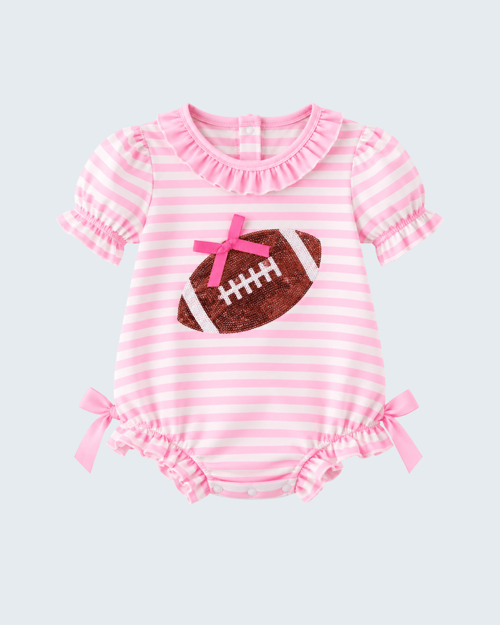 Pink and white striped baby romper with football sequin applique, pink bows, snap legs