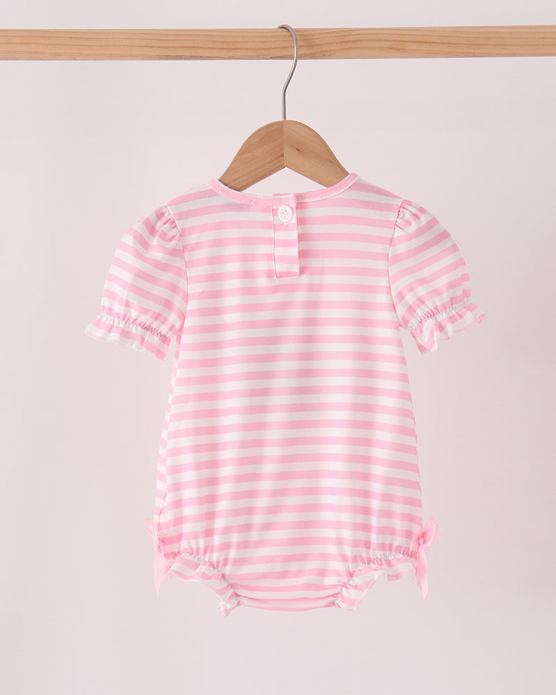 Pink and white striped baby bubble romper with flutter sleeves, ruffle hem, snap front