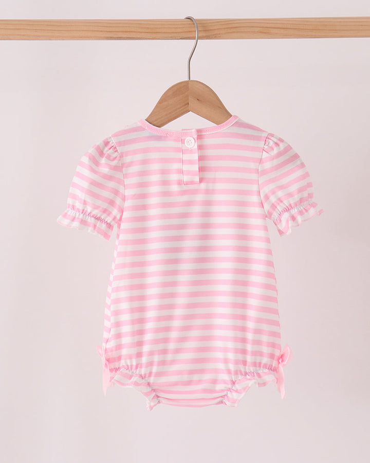 Pink and white striped baby bubble romper with flutter sleeves, ruffle hem, snap front