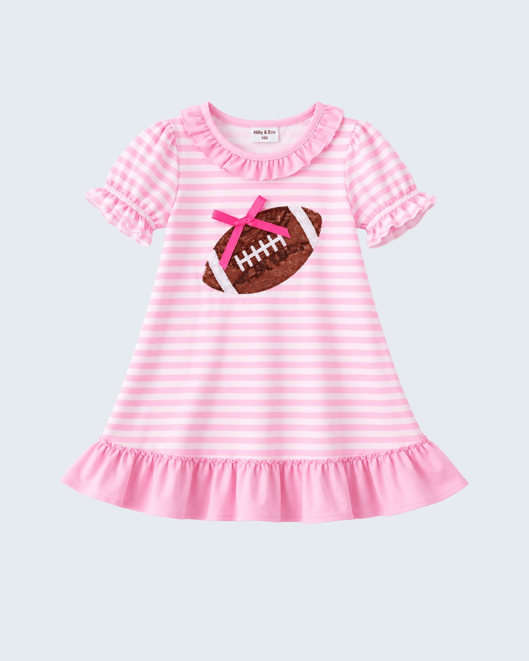 Pink-and-white striped football applique ruffle dress with short sleeves
